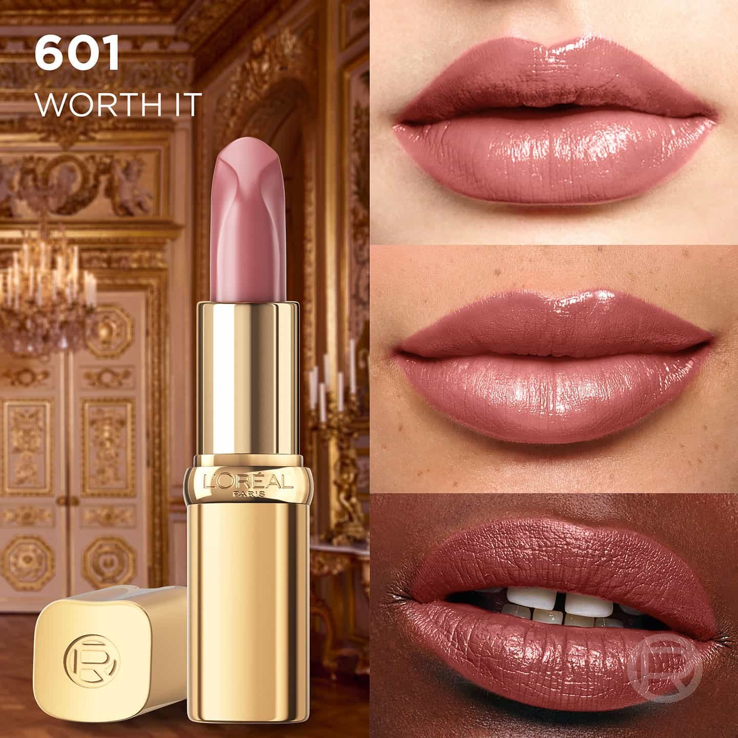Color Riche Satin Nude  601 Worth It Vorschau auf drei Lippenpaaren